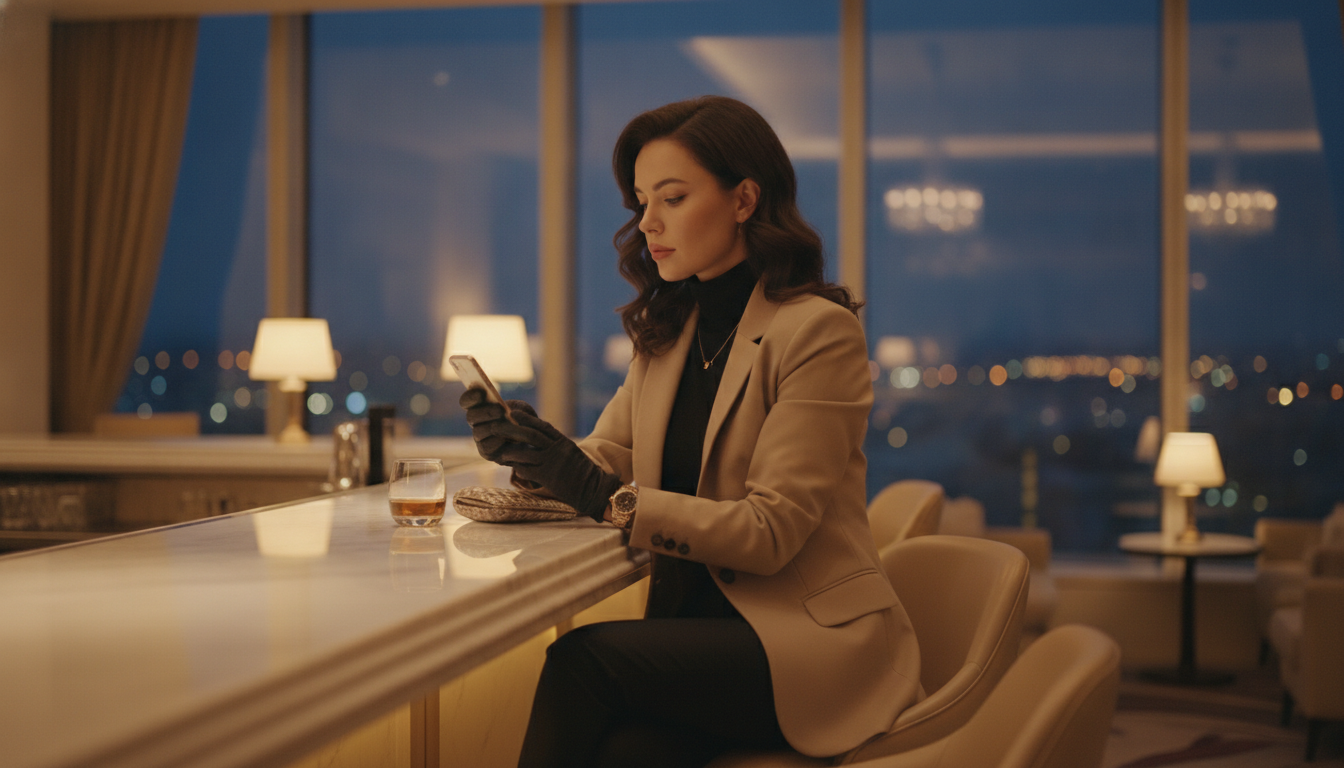 Selbstbewusste Frau prüft nachdenklich ihr Smartphone an der Bar einer Hotel-Lounge